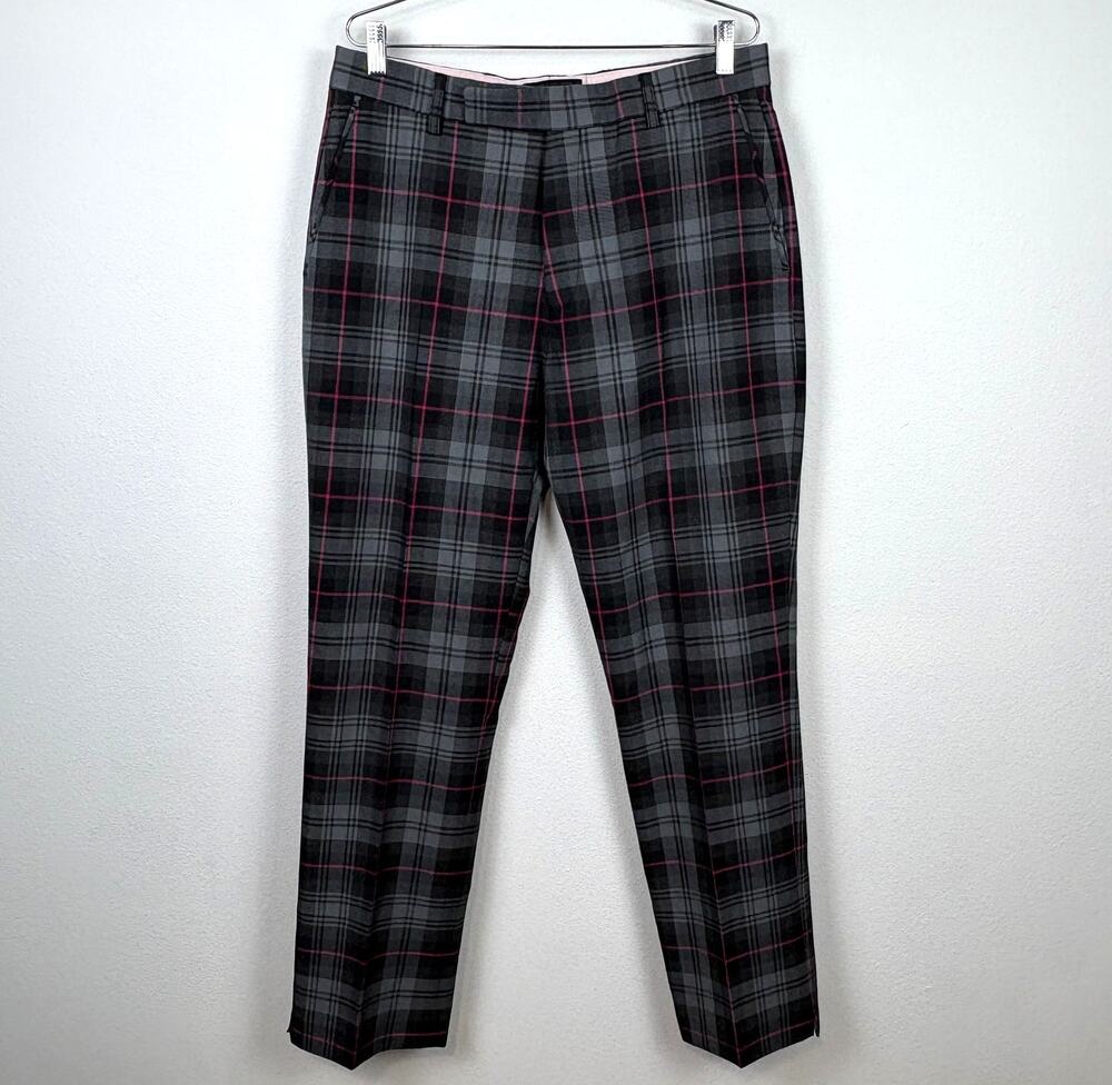 Ian Poulter IJP Design Plaid Tartan Golf Wool Blend Gray Pink Stretch Pants NWOT